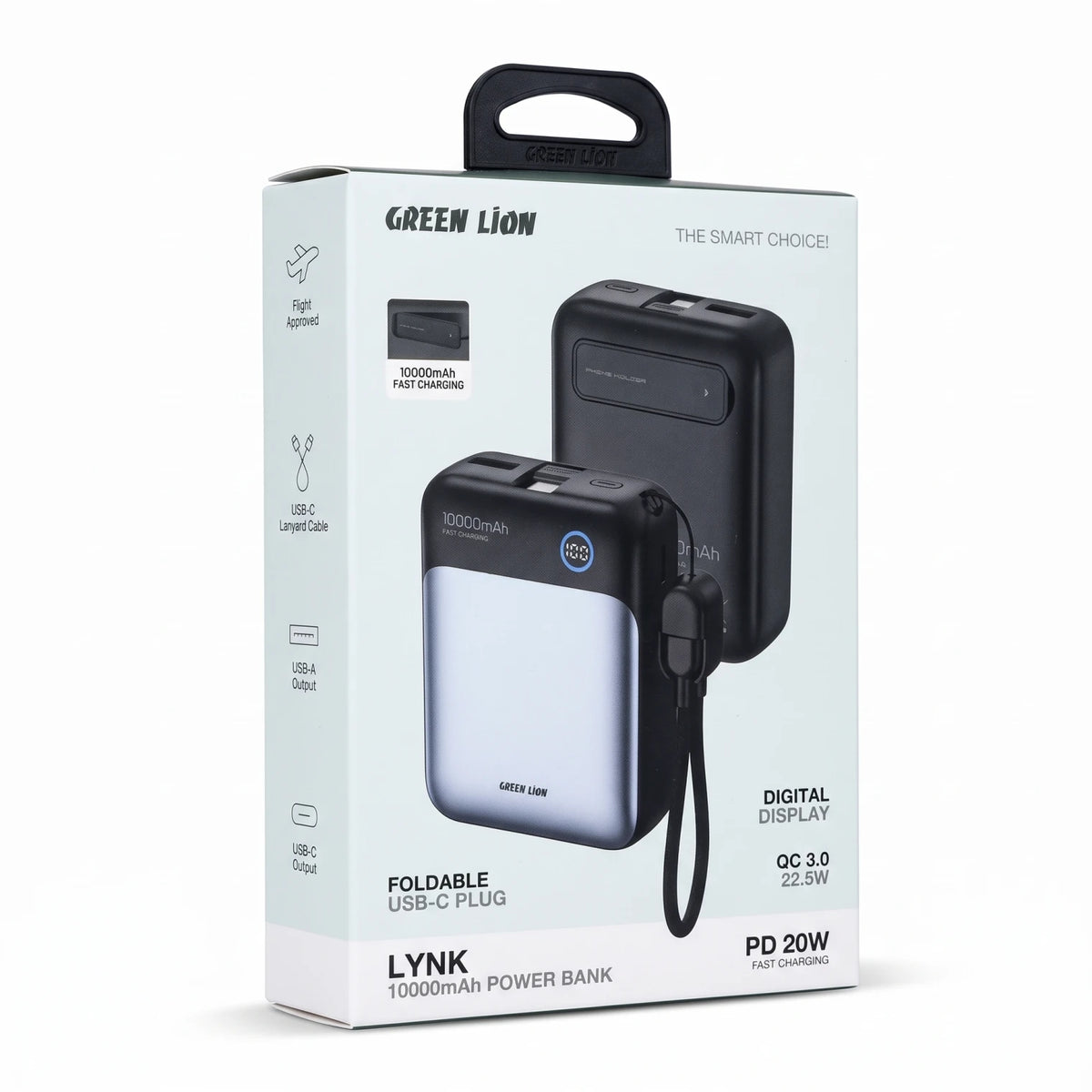 GREEN LION LYNK 10000mAh Power Bank – 22.5W QC 3.0, 20W PD Fast Charging, Digital Display & Foldable USB-C Plug with Built-In Kickstand