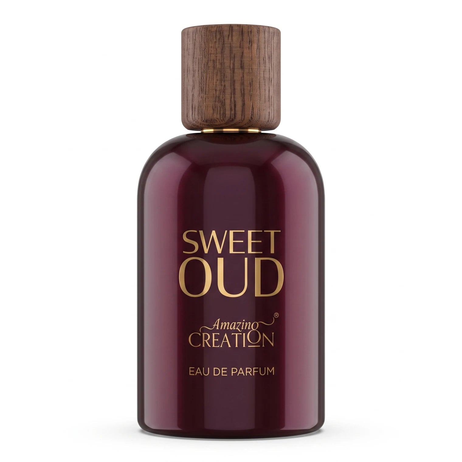 Amazing Creation SWEET OUD Eau de Parfum 100Ml – Oud Fragrance with Glossy Rounded Bottle and Wood-Patterned Cap