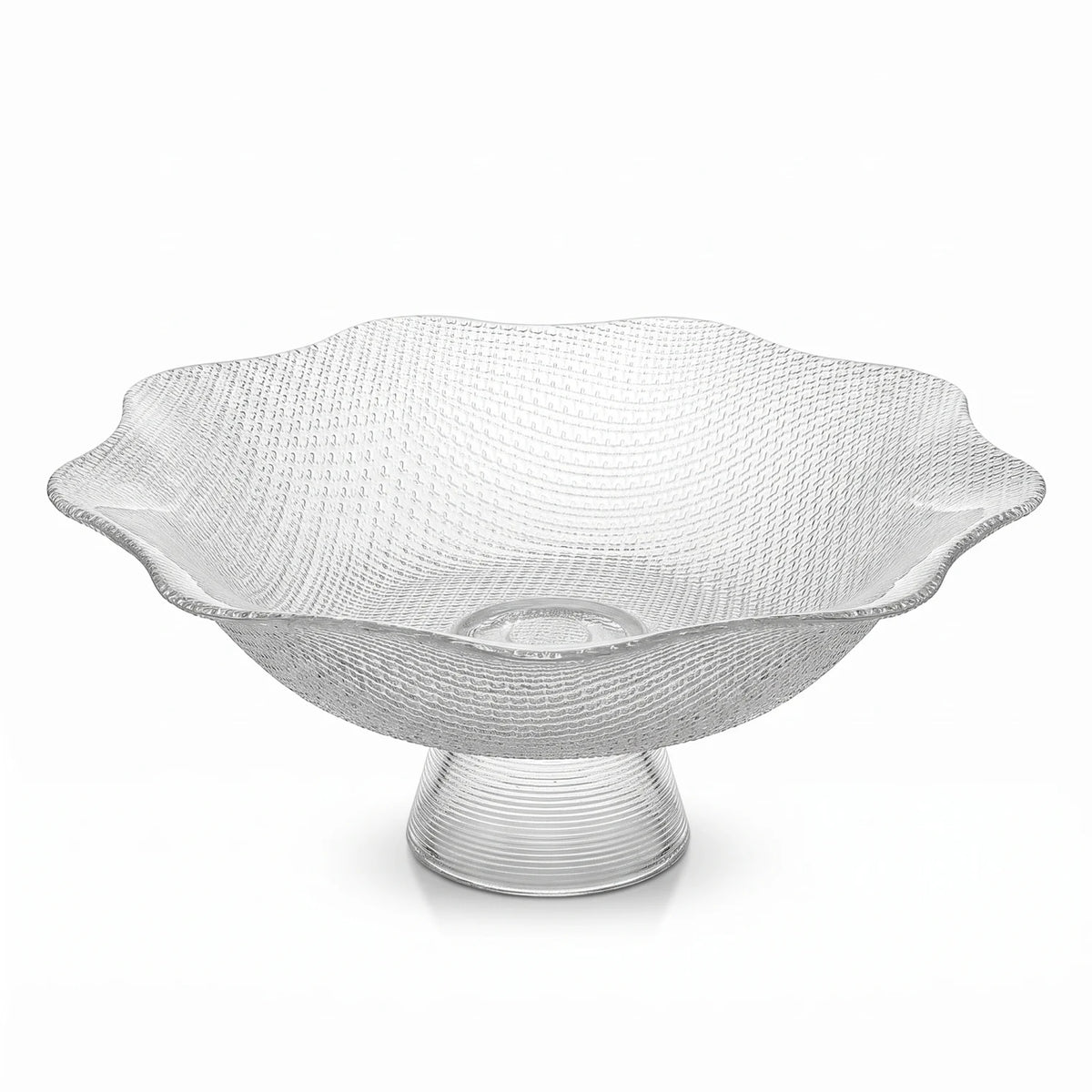 Clear Textured Glass Fruit Pedestal Bowl – Scalloped Rim, Footed Base | 10cm H x 26cm W x 26cm L, 8cm Base