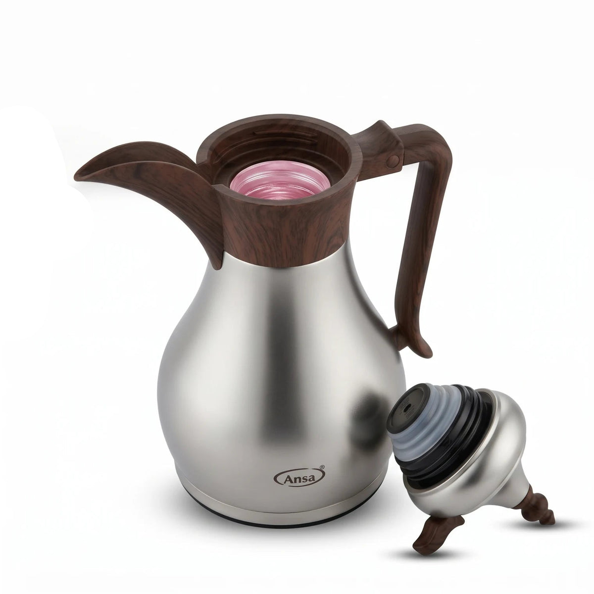 Ansa Traditional Arabic Stainless Steel Vacuum Flask – 0.35 or 0.6 Liters | Pink Glass Interior | Leak Proof Tea and Coffee Server - Matte Silver - Wood / 0.35 Liters - Image 1