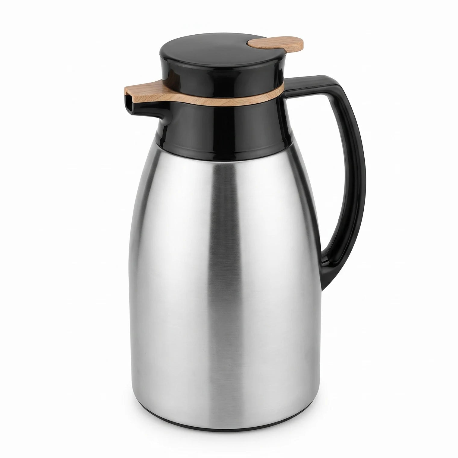 Regal Stainless Steel Vaccum Jug Flask – 1.6 Liters | Black Handle, Wood Grain Lid Accents | Hot and Cold Beverage Server