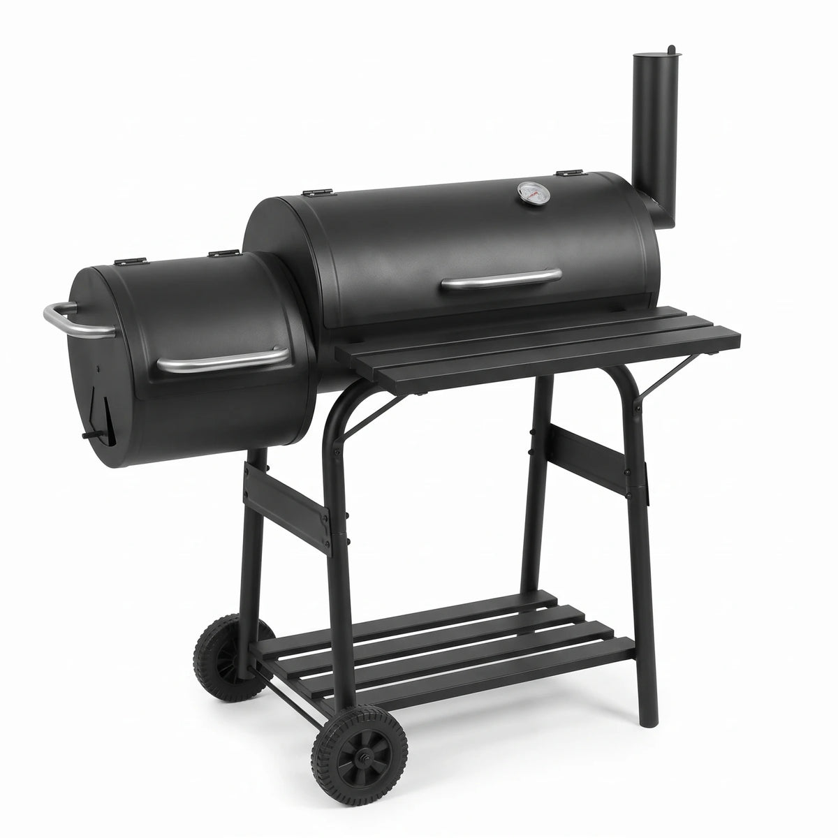 Black Charcoal Barrel BBQ Grill with Offset Smoker Side Box – 114 x 65 x 106 cm, Lid Thermometer, Handles, Wheels and Outdoor Cooking Design