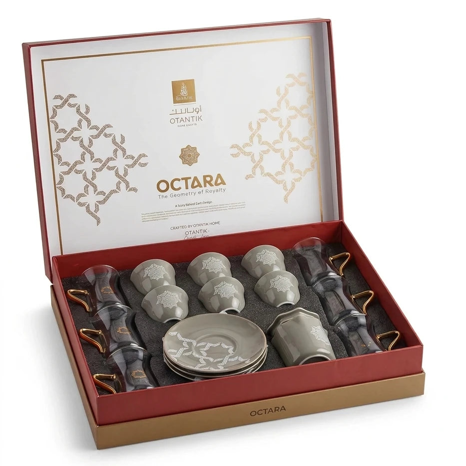 OTANTIK octane 19 pieces tea and coffee set – 6 Tea Glass Cups, 6 Arabic Coffee Glass Cups, Porcelain Saucers & Lidded Candy Jar