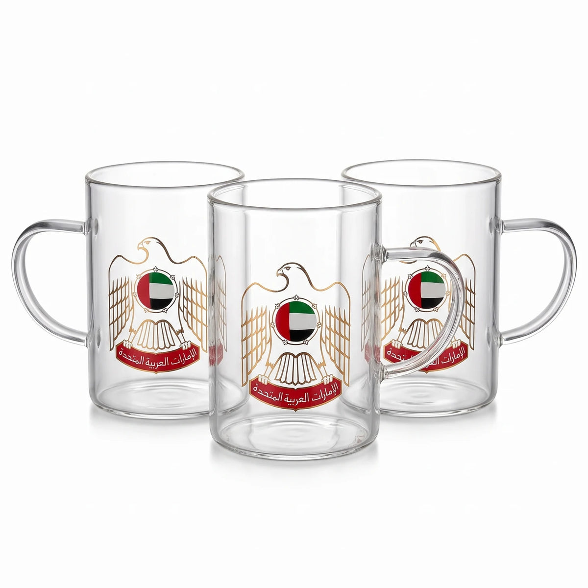 HOME ELEGANCE UAE national 3 pieces glass set β 3 Glass Mugs with Handles, UAE Flag and Falcon-Themed Decoration