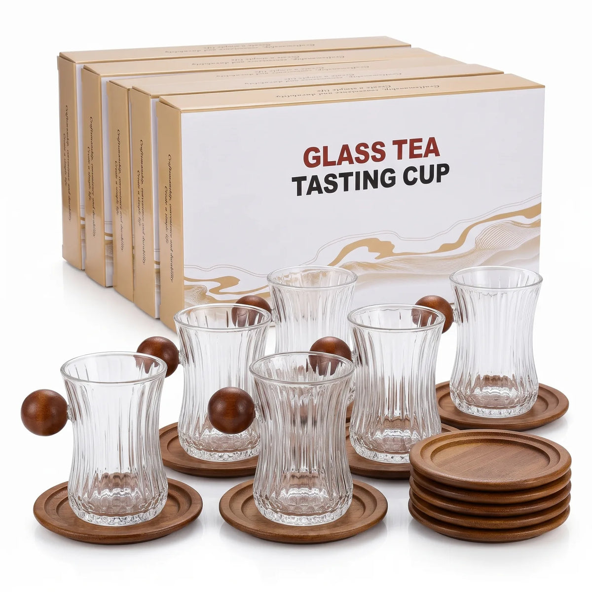 GLASS TEA TASTING CUP 12-Piece Set – 6 Ribbed Glass Cups with Wooden Handles and 6 Wooden Saucers for Tea Serving