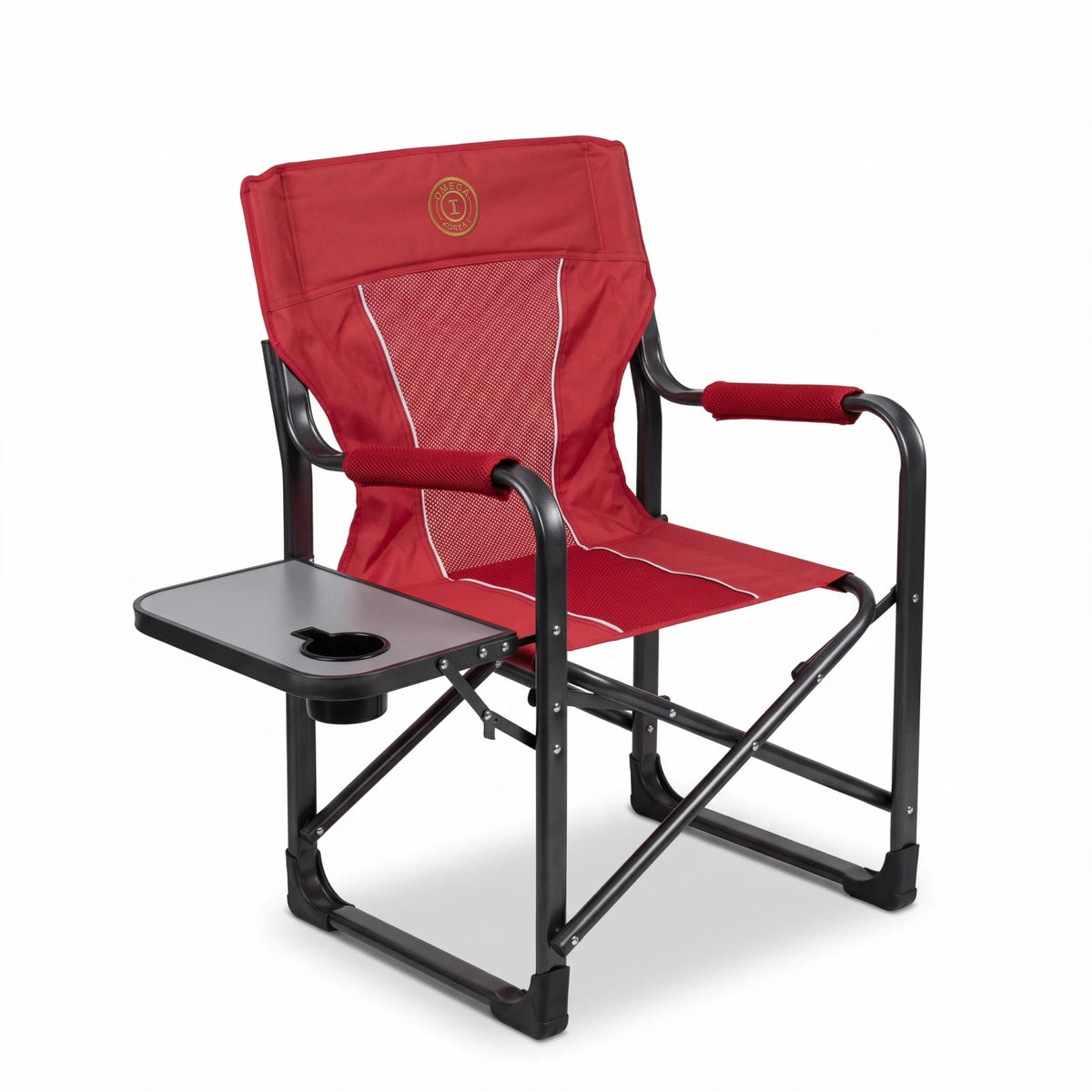 OMEGA KOREA 1 Heavy Duty Portable Director Camping Chair – Folding Outdoor Chair with Attached Side Table, Cup Holder & Mesh Backrest - Red - Image 1
