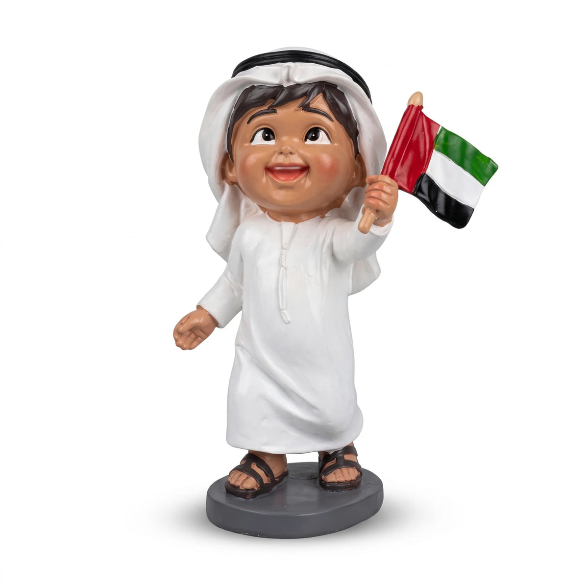 21 cm Figurine Statue with Multicolour Flag – White Clothing, Head Covering and Dark Oval Base for Display