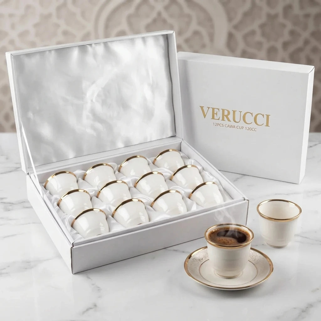 VERUCCI 12-Piece Coffee Cup Set 120 ML – White Glossy Cups with Gold-Colored Trim in Presentation Box