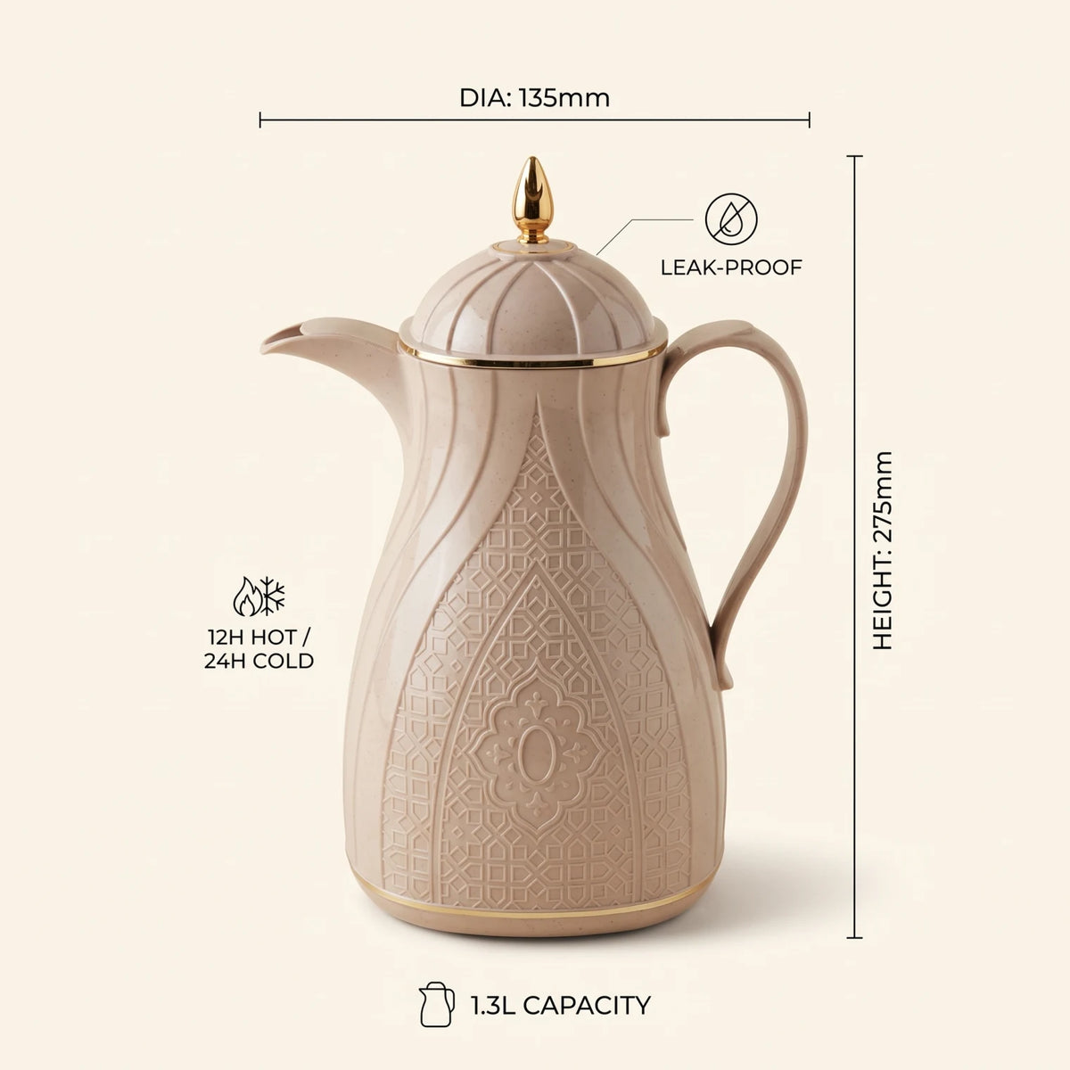 Rose Beige Vacuum Flask 1.3 Litre – Arabic Geometric Design, Gold-Tone Accents, Leak-Proof Tea and Coffee Flask