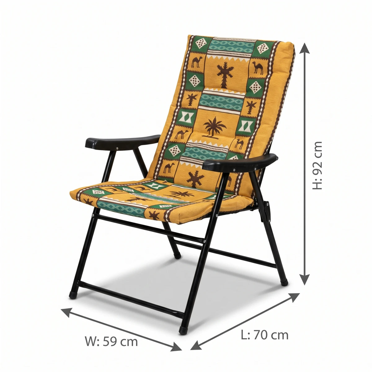 Jiham Portable Folding Leisure Camping Chair – 92 x 59 x 70 cm | Traditional Sadu-Style Camel and Palm Pattern | Armchair with Armrests