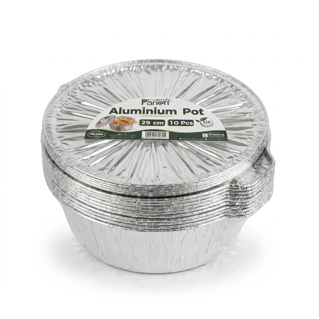 Parlot Aluminum Pot 29 cm, 10 Pcs with Lids – Silver Disposable Containers for Catering, Parties, Restaurants, Events & Home Use