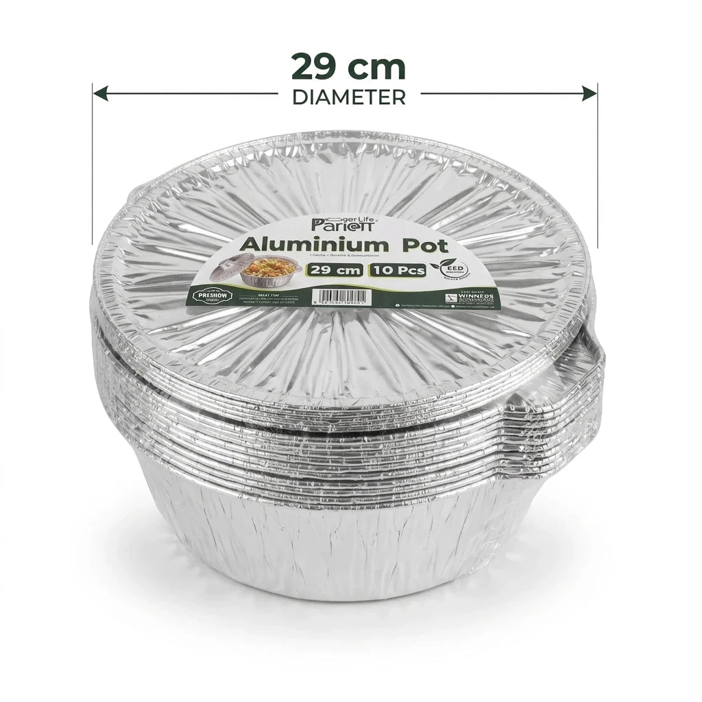 Parlot Aluminum Pot 29 cm, 10 Pcs with Lids – Silver Disposable Containers for Catering, Parties, Restaurants, Events & Home Use