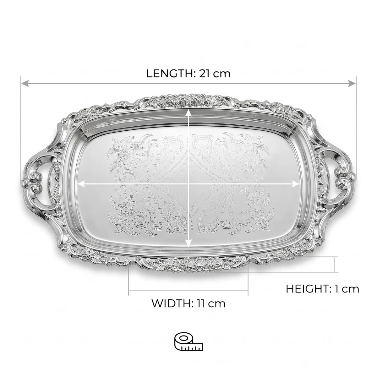 Ornate Silver-Plated Rectangular Serving Tray – 21 x 11 x 1 cm | Decorative Handles and Embossed Floral Center