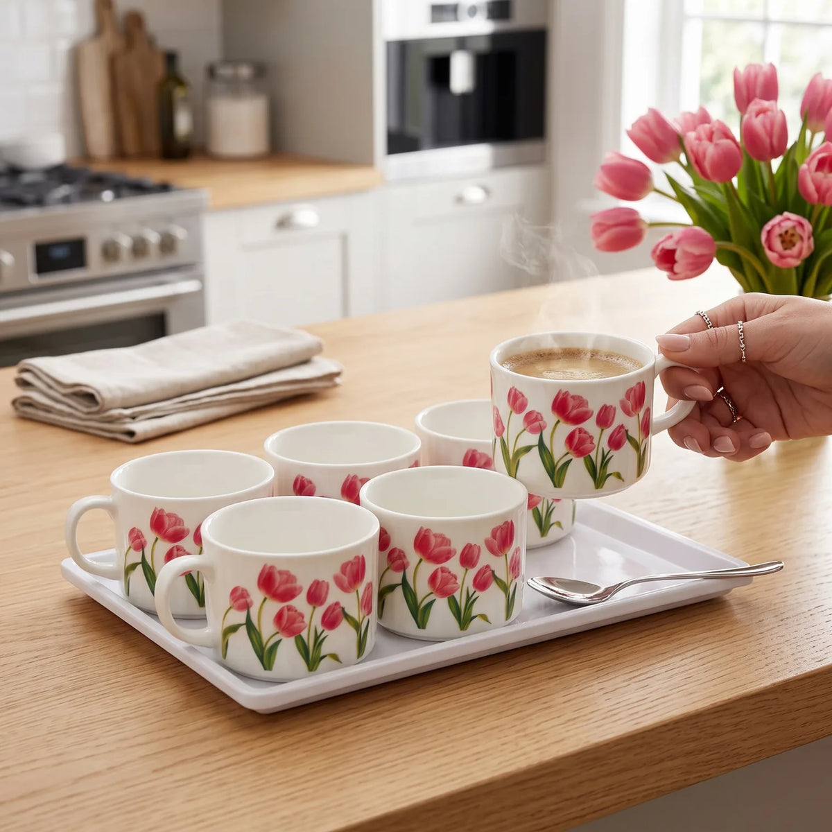 Porcelain Coffee Cup Set, 6 Pieces – White Floral Tulip Design, Handled Cups and Serving Tray for Tea, Coffee and Guest Serving