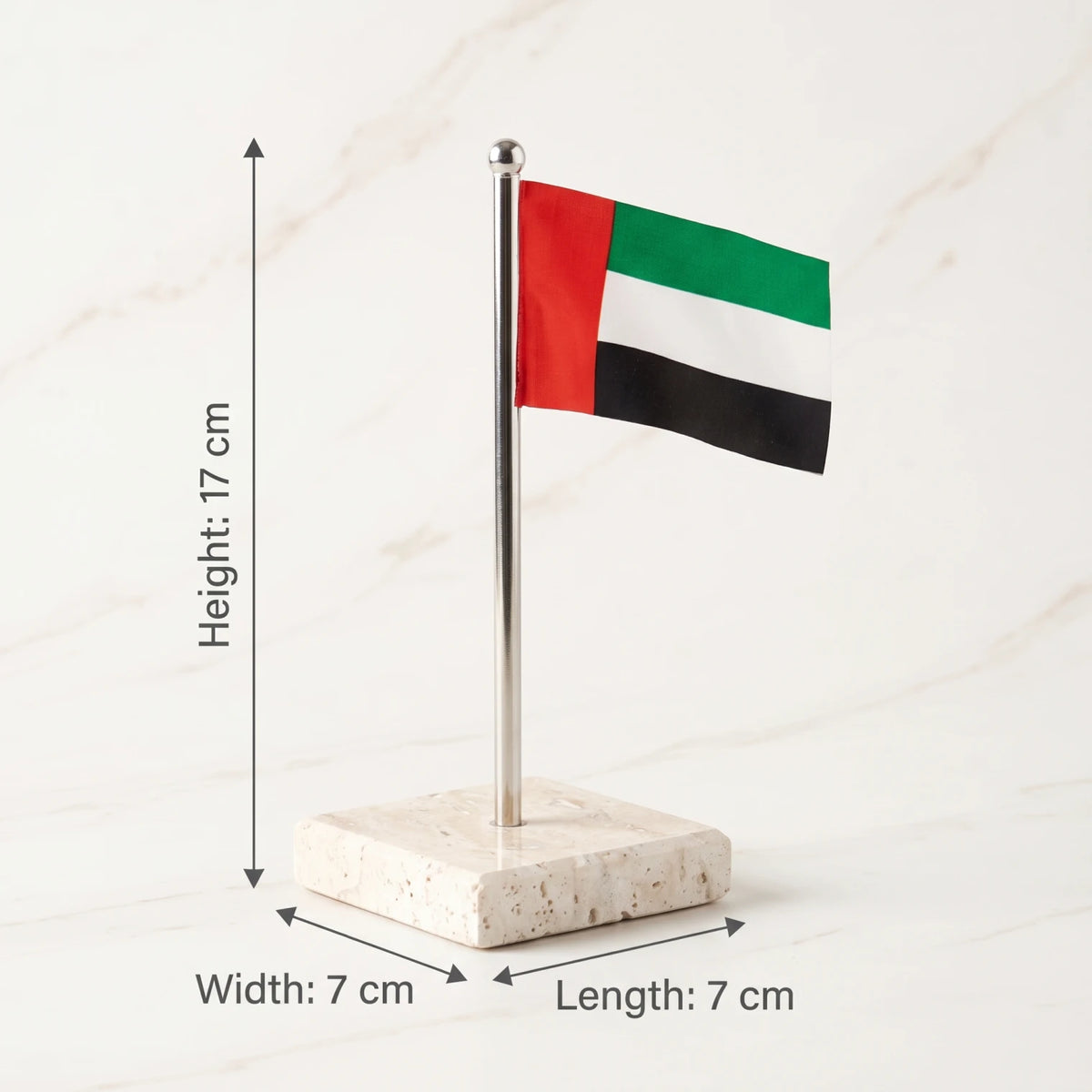 Acrylic Mini UAE Flag with Marble Travertine Square Base – 17cm Desk Decoration for Office, Desk and National Day Celebrations