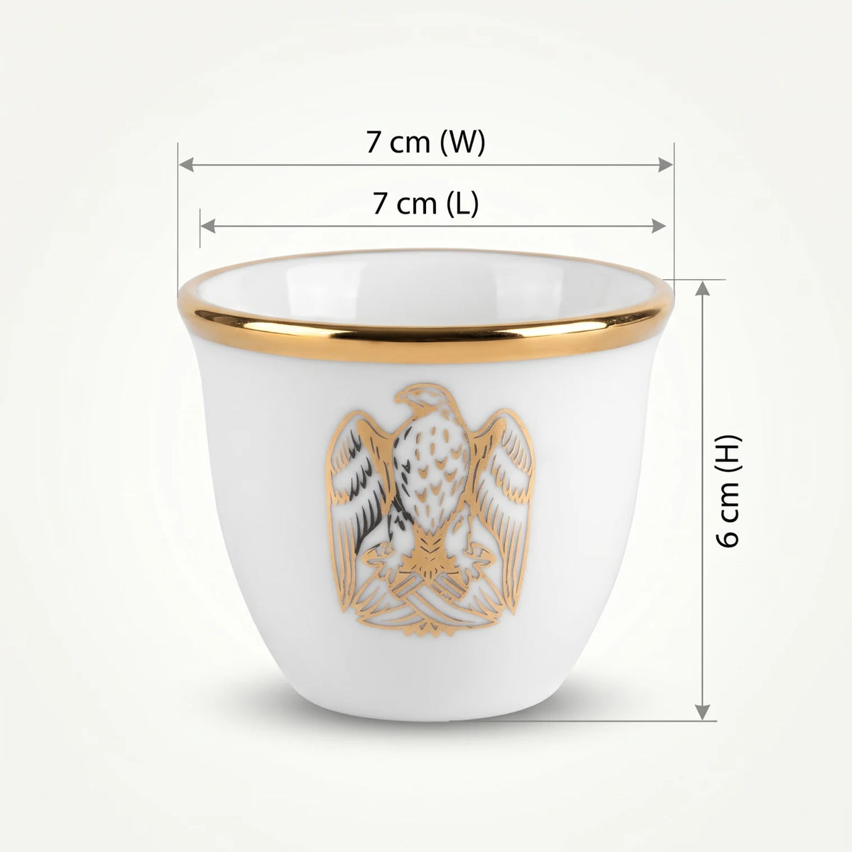 NGT 12-Piece Porcelain Arabic Coffee Gahwa Cup Set – UAE Abu Dhabi Falcon Logo | Handleless Cups | White-Gold or White-Black - White-Gold - Image 2