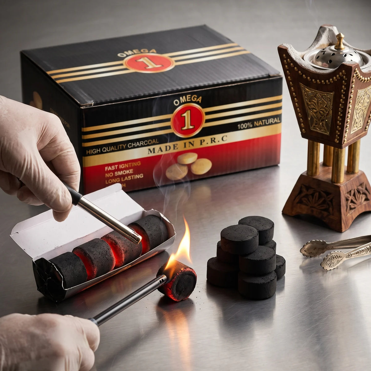 Omega 1 High Quality Gold charcoal – 10 Pieces per Roll, 10 Rolls per Box | Fast-Igniting Natural Charcoal Briquettes