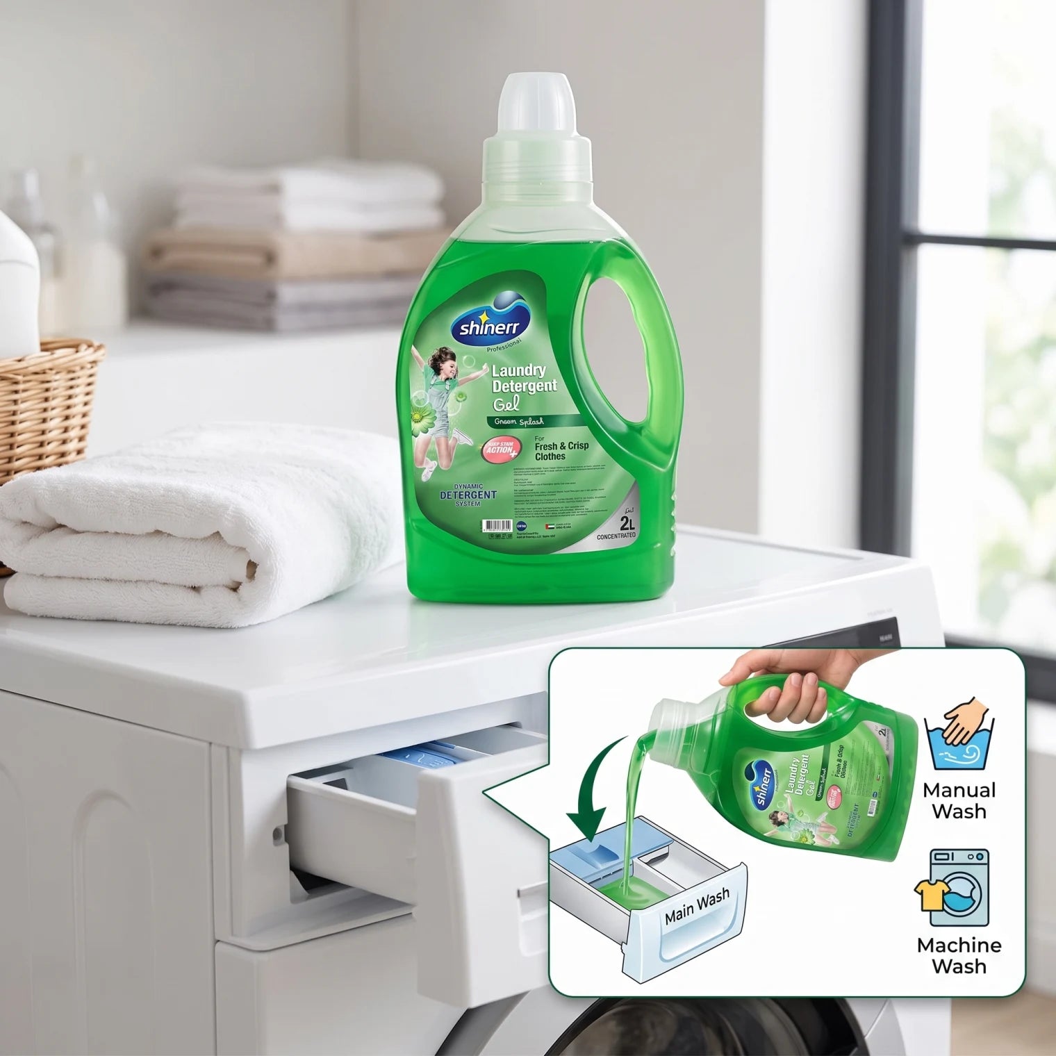Shinerr 2 liter Laundry Detergent Gel – Green Splash | Concentrated Formula | Deep Stain Action+ | Manual & Machine Wash