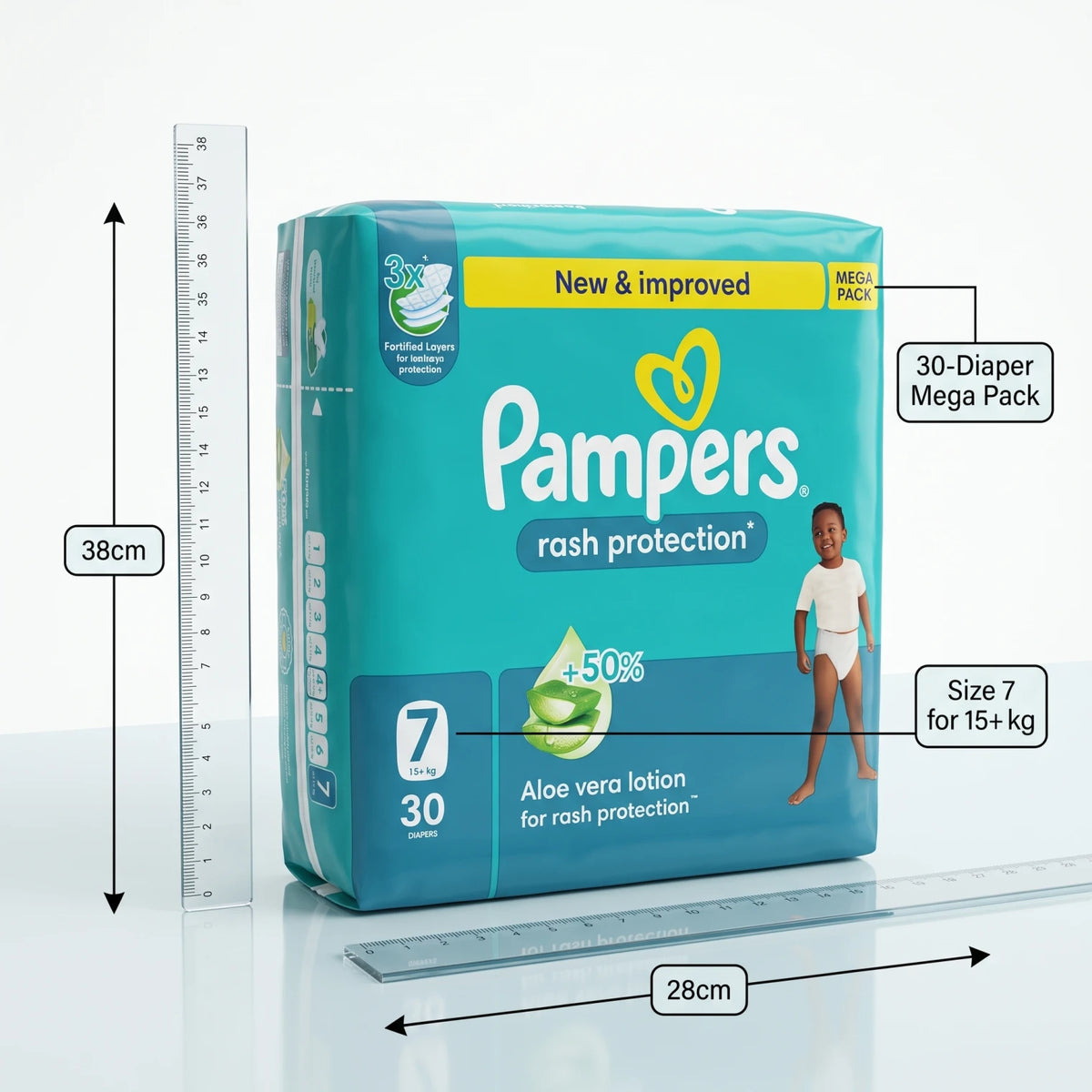 Pampers Baby Diapers Size 7, 15+ kg, 30 Pack – Aloe Vera Lotion, Rash Protection, 3X Fortified Layers, Mega Pack