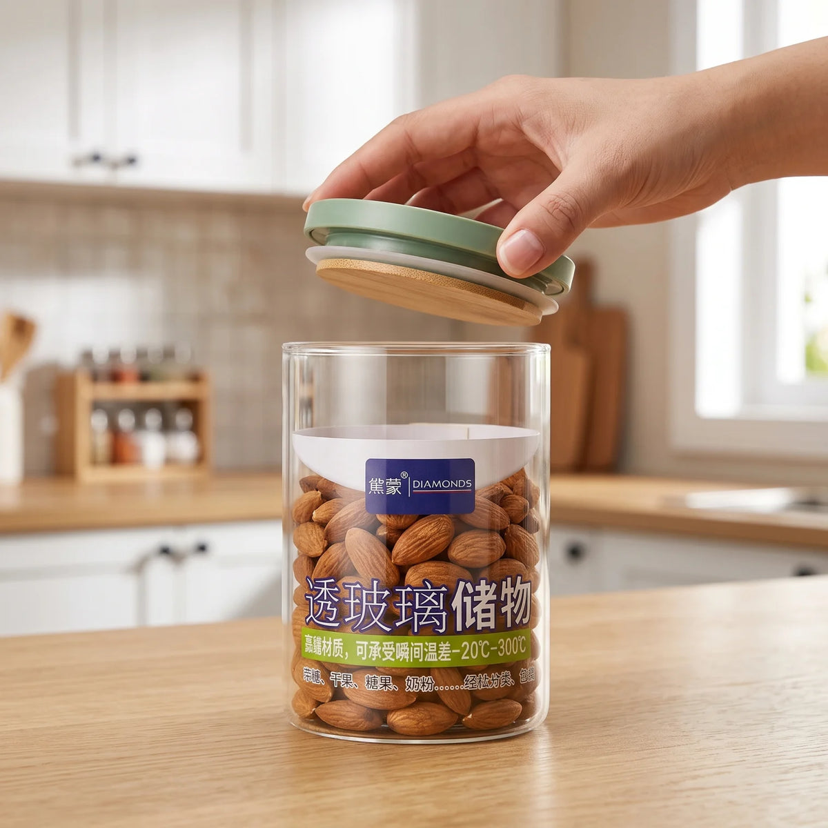 熙蒙; DIAMONDS 820 ML Glass Storage Jar with Airtight Wooden Lid | Transparent Food Container for Nuts, Candy and Milk Powder