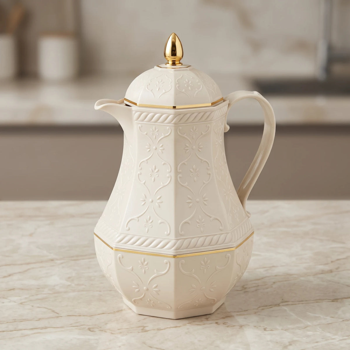 Rose Beige Premium Vaccum Flask – 0.6 L | Ornate Floral Pattern | Leak-Proof Tea and Coffee Thermos