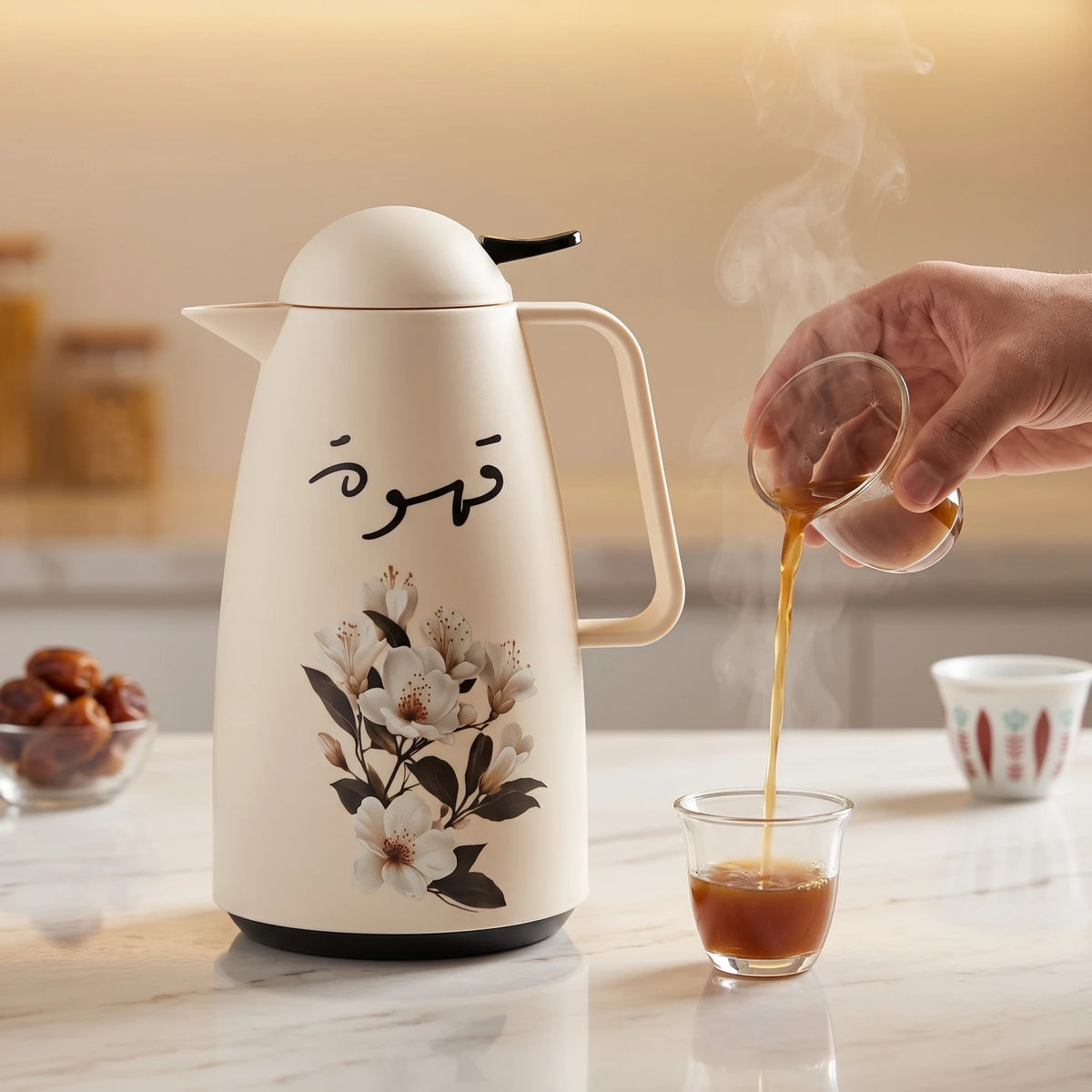 Crystal House cream-colored vaccum flask, 1 Liter | Floral Blossom Design | Qahwa Calligraphy | Plastic Body | Leak Proof