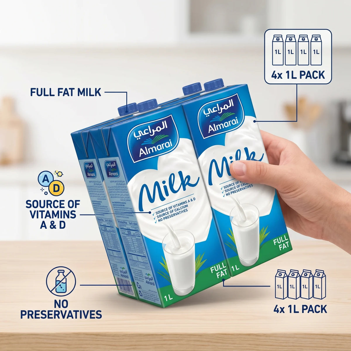 Almarai Full Fat Milk 4 x 1L Pack | Source of Vitamins A & D and Calcium | No Preservatives