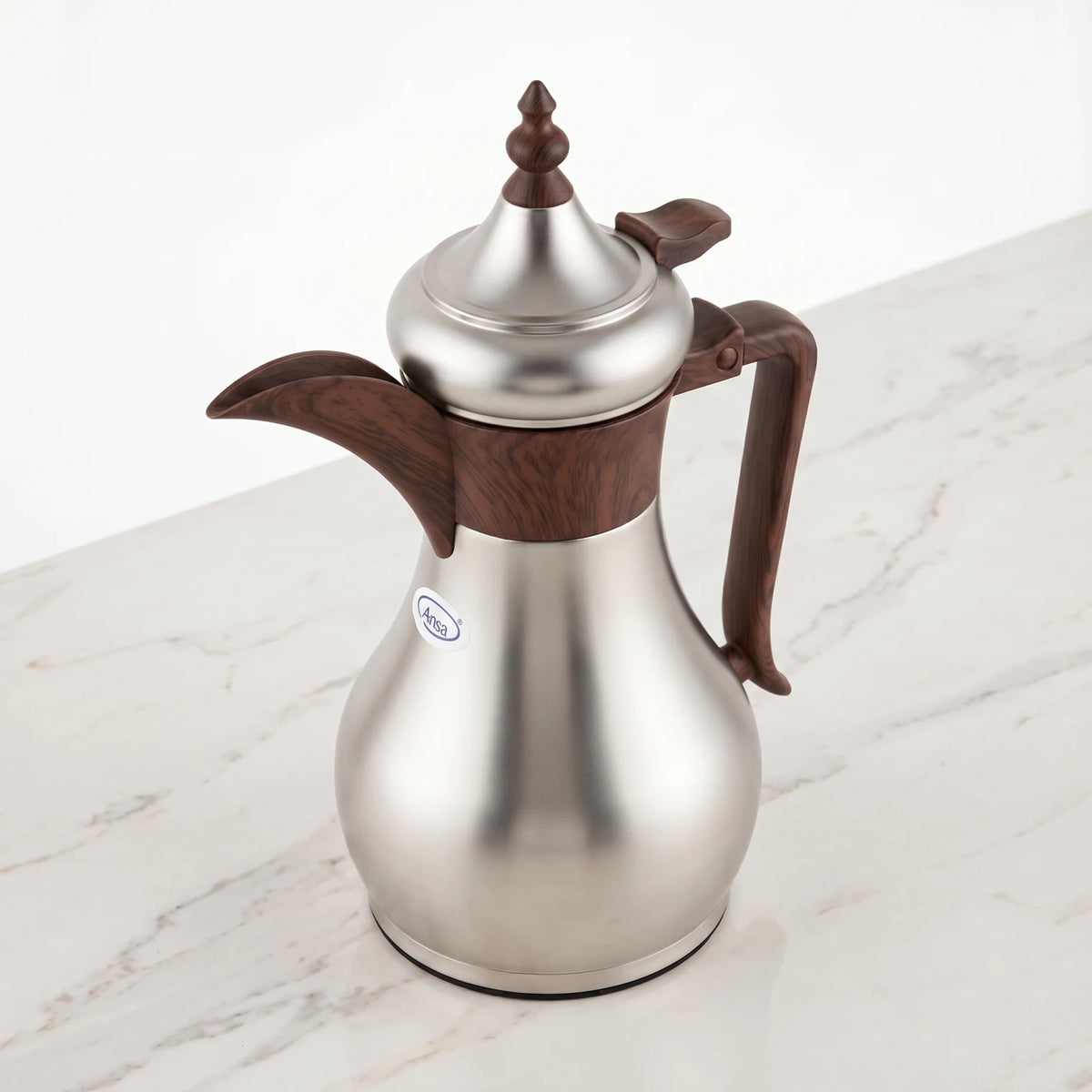 Ansa Traditional Arabic Stainless Steel Vacuum Flask – 0.35 or 0.6 Liters | Pink Glass Interior | Leak Proof Tea and Coffee Server - Matte Silver - Wood / 0.35 Liters - Image 2