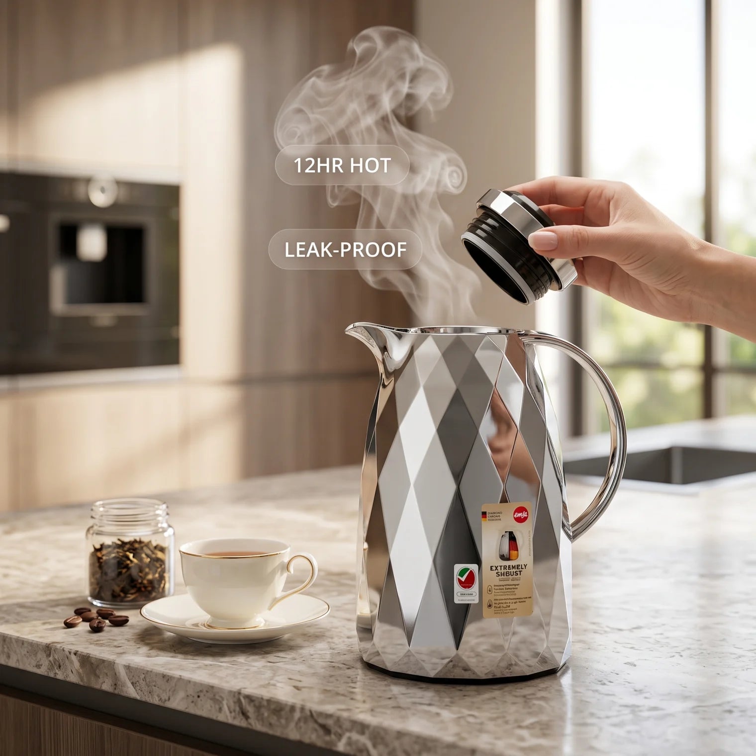 Emsa Diamond Chrome Aubergine Flask – 1.5 Litre | 12-Hour Hot, 24-Hour Cold | Leak-Proof Tea & Coffee Flask