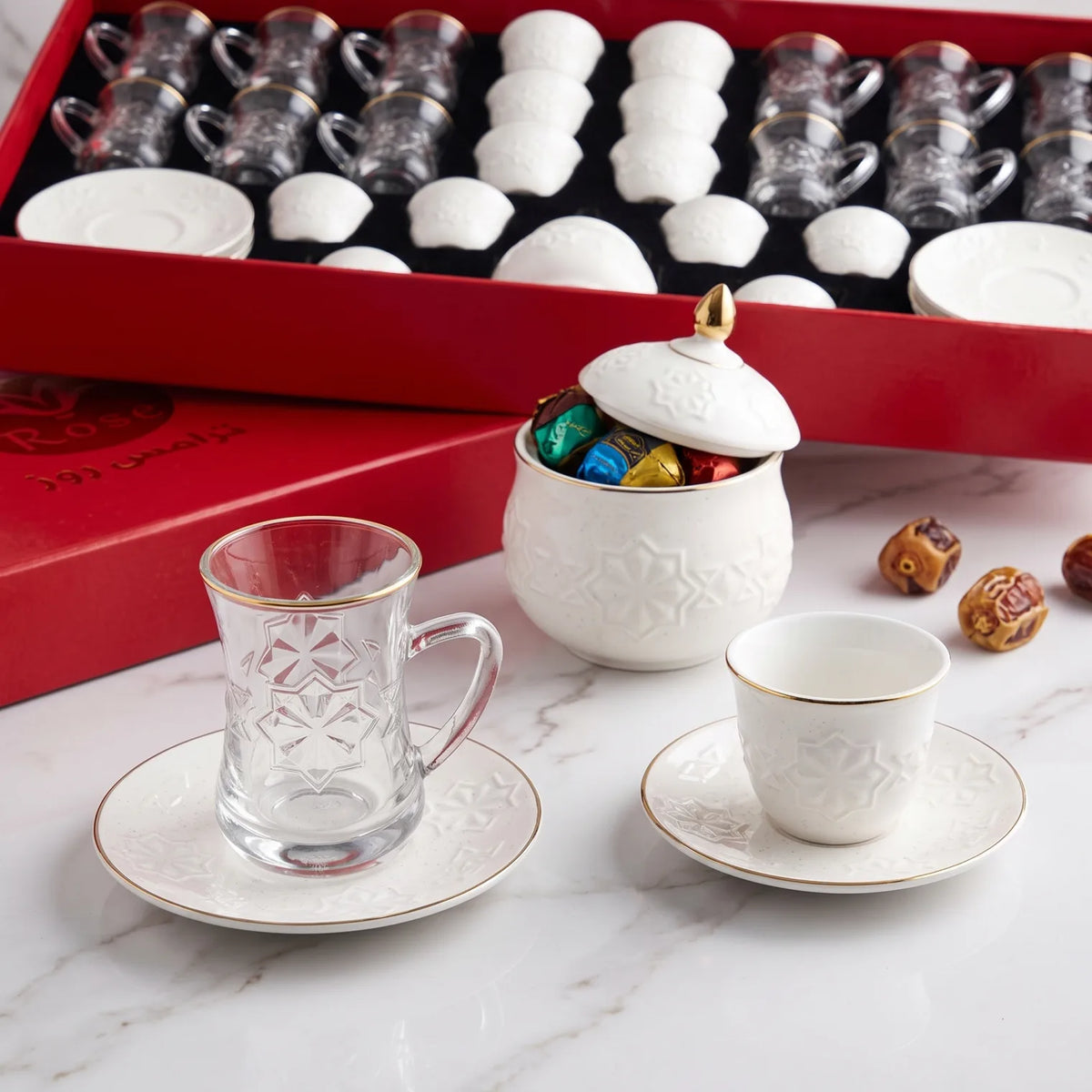 Rose tea & gahwa complete set – Glass Tea Cups, Porcelain Arabic Coffee Cups, Saucers, Lidded Candy Jar & Presentation Box