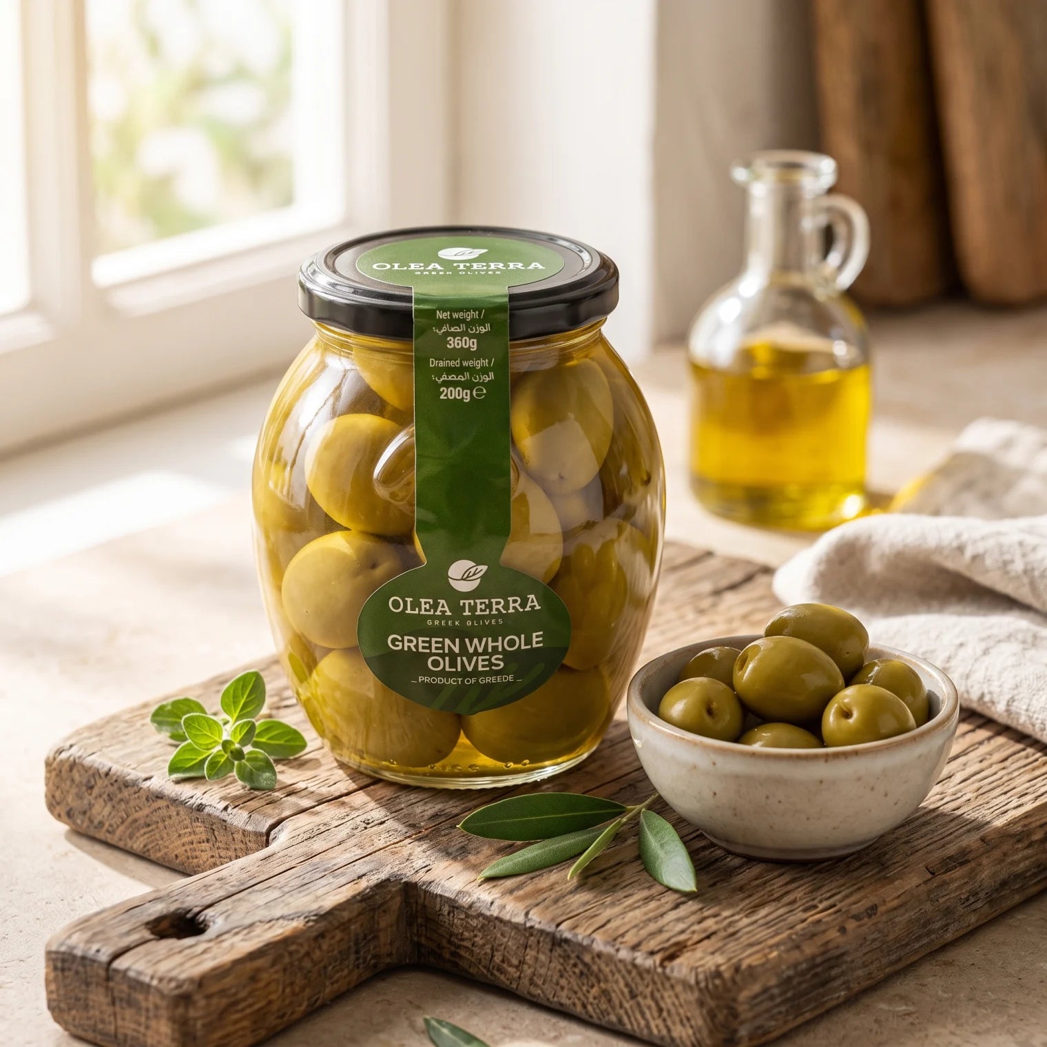 Olea terra Green Whole Olives – 360g Jar | Greek Olives | Whole Preserved Olives