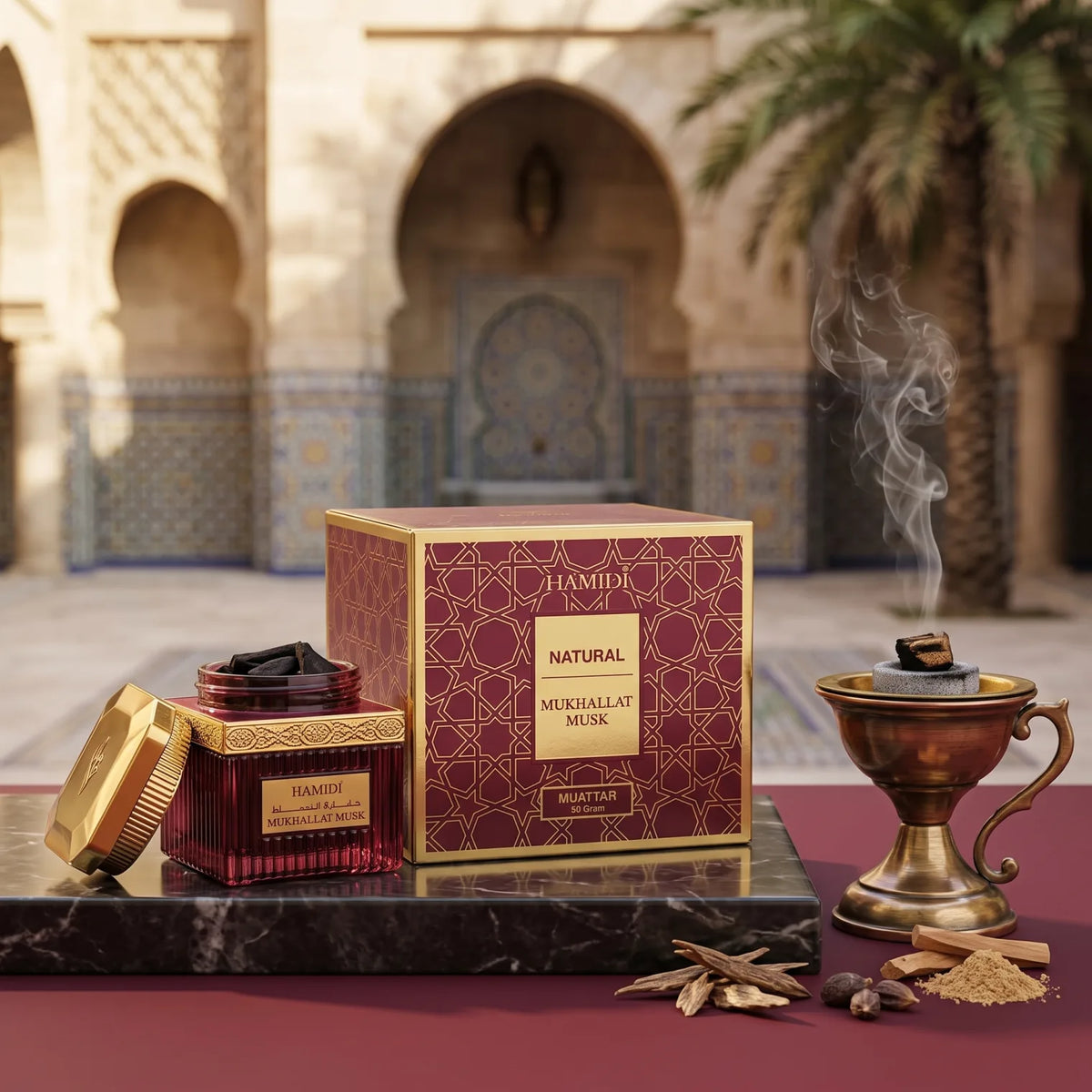 HAMIDI bakhoor 50 grams – Natural Mukhallat Musk Muattar Fragrance Incense in Ornate Burgundy Gold Patterned Box