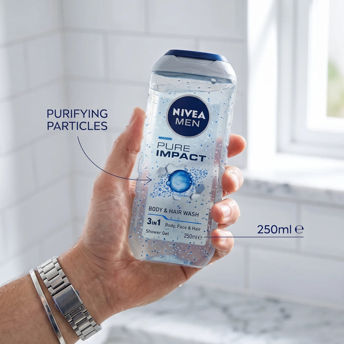 NIVEA Body and Hair Wash 250 ml – Purifying Particles | pH Skin Neutral | Dermatologically Approved Shower Cleanser