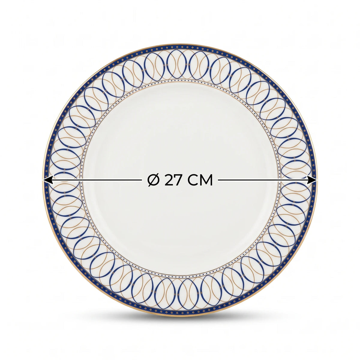 QUALITIER Premium Fine Porcelain Flat Plate 27 CM – White Tableware with Blue and Gold Decorative Rim for Dining and Serving