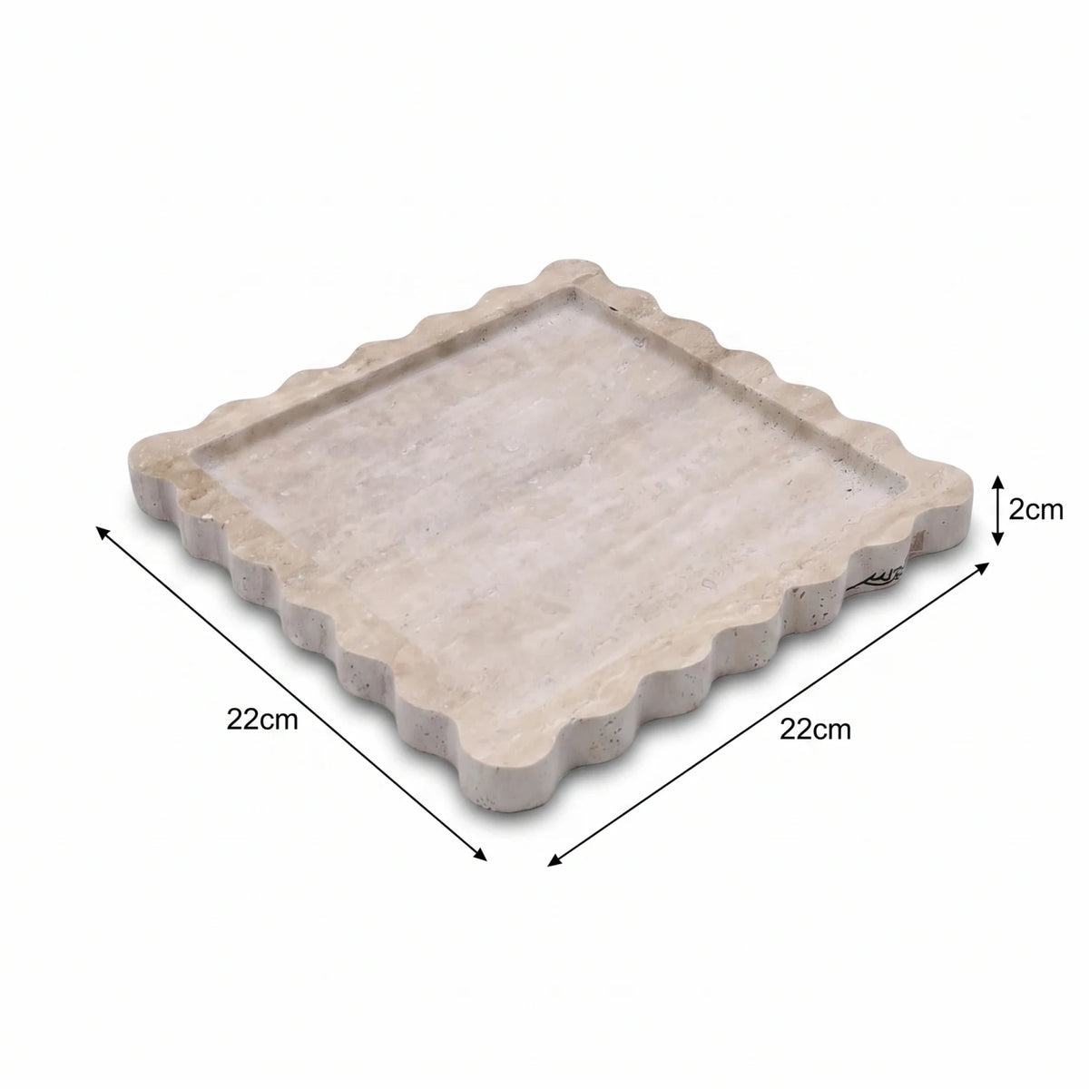 Square Travertine Stone Scalloped Tray – 22 x 22 x 2cm | Beige Raised-Rim Decorative Platter