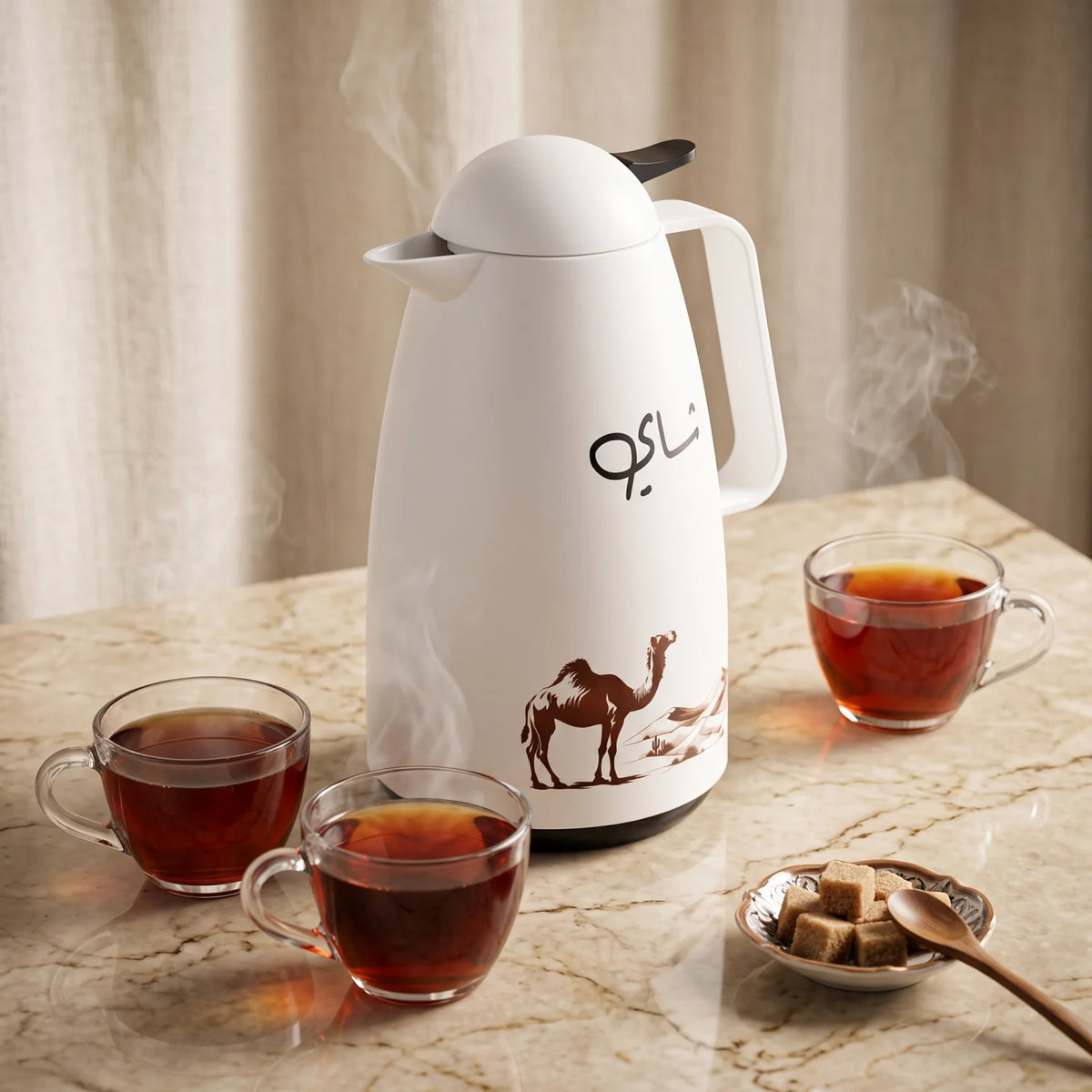 Crystal House White Vacuum Flask 1 Litre – Camel Desert Artwork, Pink Glass Interior, Leak-Proof Tea and Coffee Thermos