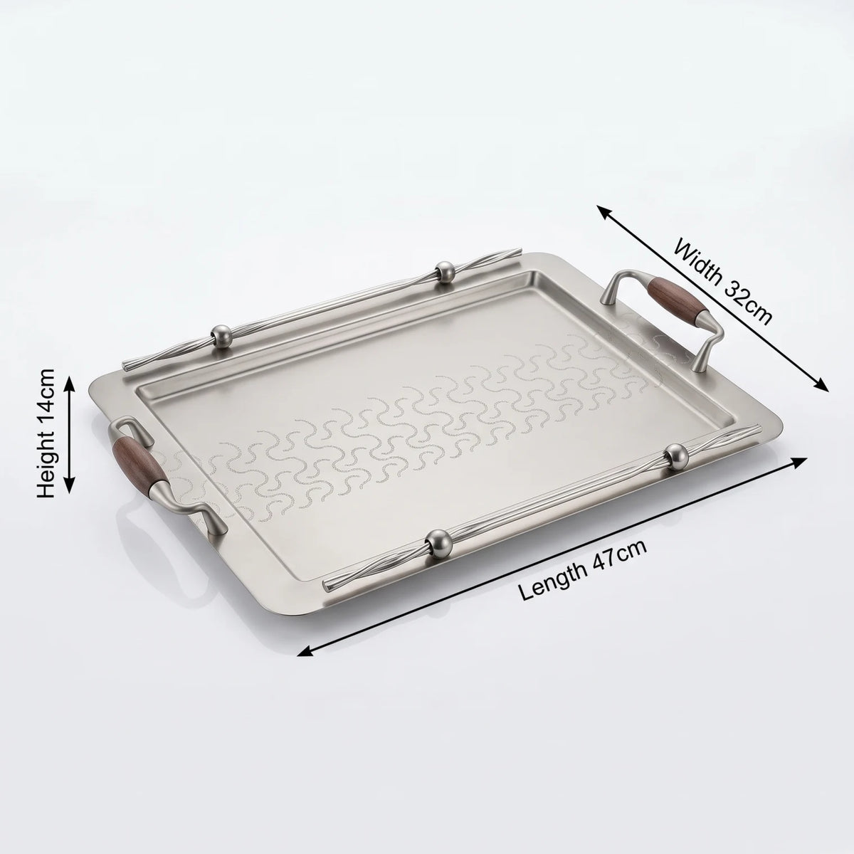 Ansa Luxury Metal Serving Tray – 47 x 32 x 14cm | Geometric Pattern, Raised Rim and Side Handles | Multiple Colour Options - Matte Silver - Wood - Image 2