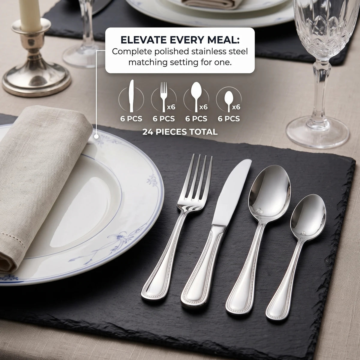 NYP DINNER CUTLERY 24-PIECE SET – Polished Stainless Steel Flatware with Dinner Knives, Forks, Dinner Spoons and Coffee Spoons