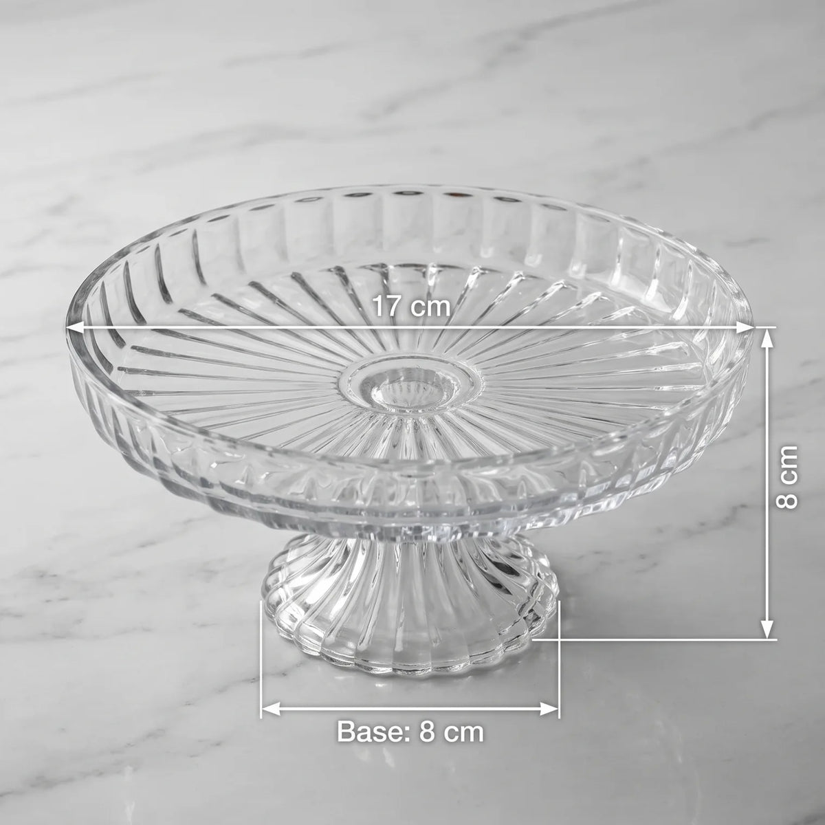 Round Glass Fruit Plate with Stand – 17 x 17 cm | Ribbed Radial Design | Clear Dessert, Fruit and Nut Serving Plate