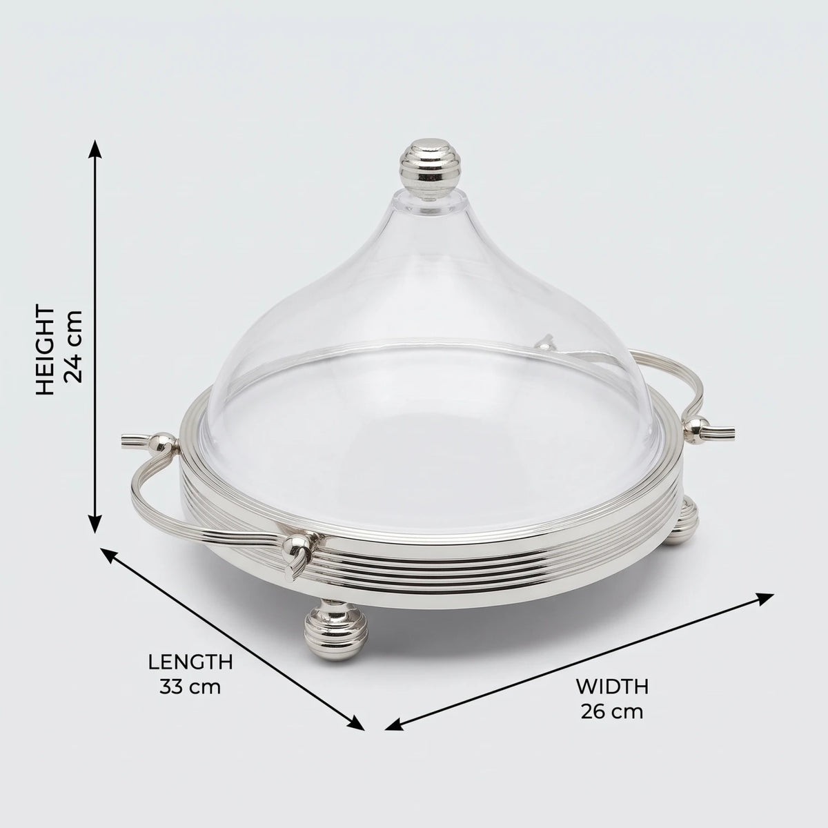 Ansa Premium Silver Serving Tray with Domed Acrylic Cover – Small & Medium Sizes | Raised Dessert Stand for Cakes, Fruits, Sweets and Chocolates - Silver / Small - Image 2