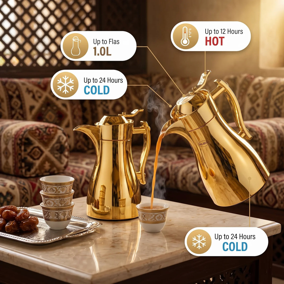 Pilsco 2-Piece Plain Gold Premium Vacuum Flask Set – Arabic Design, 0.7 + 1.0 L | Tea & Coffee, Leak Proof, Hot & Cold Keeping