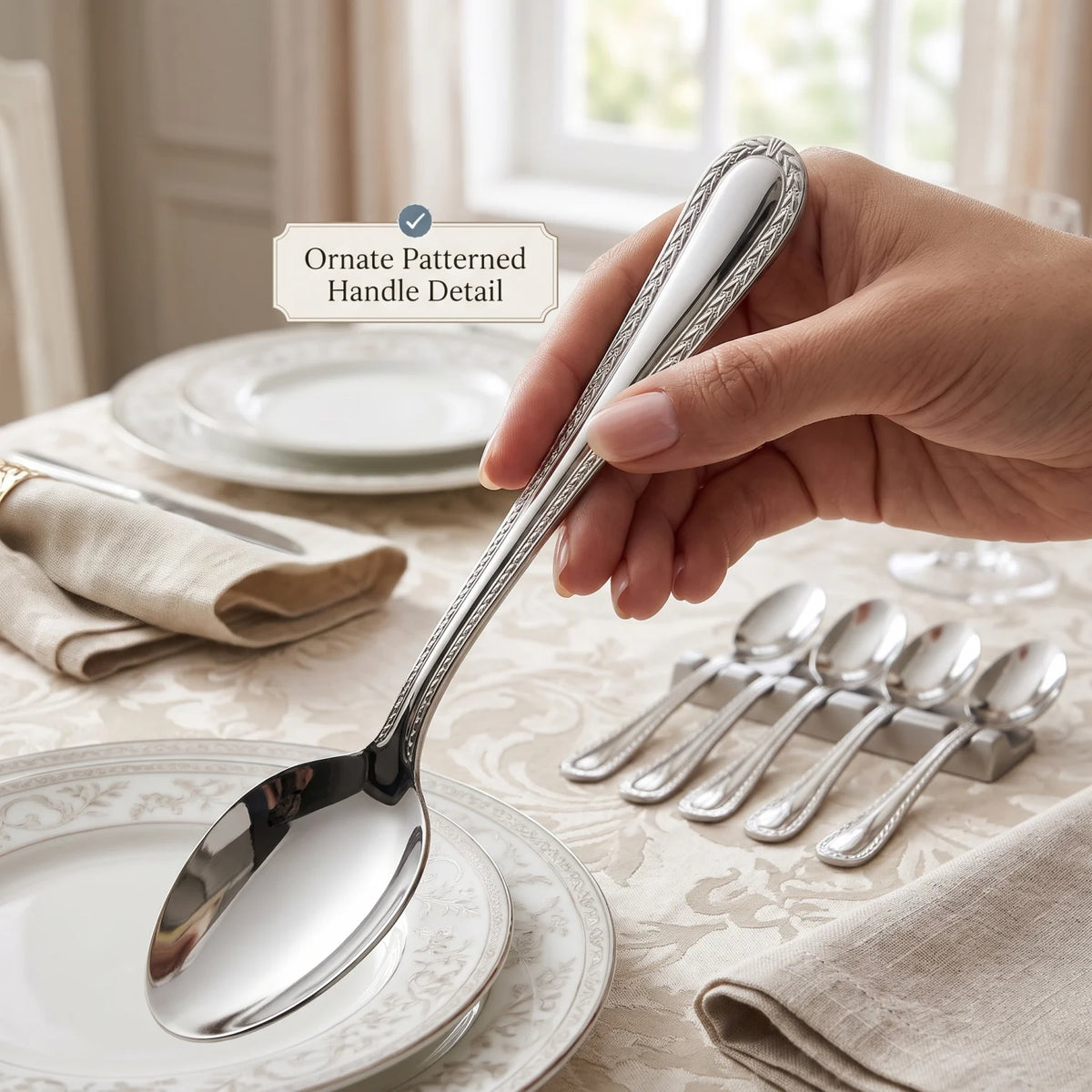 SOULCOOK Dinner Spoon Set – 6-Piece Silver Stainless Steel Spoons with Ornate Patterned Handles for Everyday Dining and Table Settings