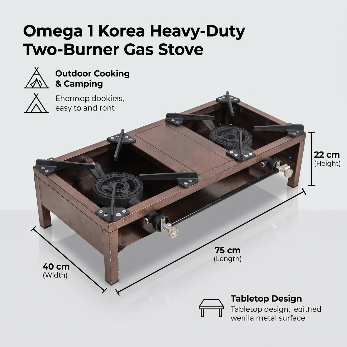 Omega 1 Korea heavy-duty Brown Two-burner Portable Cast-iron Gas Stove – 22 x 40 x 75 cm | Outdoor Cooking and Camping Tabletop Stove