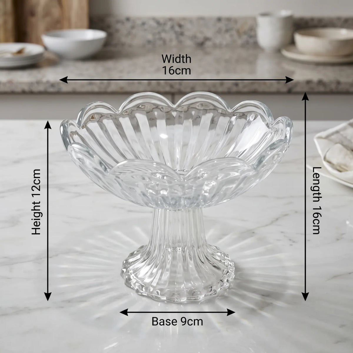 Decorative Glass Pedestal Fruit Bowl – 16cm Scalloped Rim | Fluted Rib Design | For Fruits, Desserts, Nuts and Ice Cream