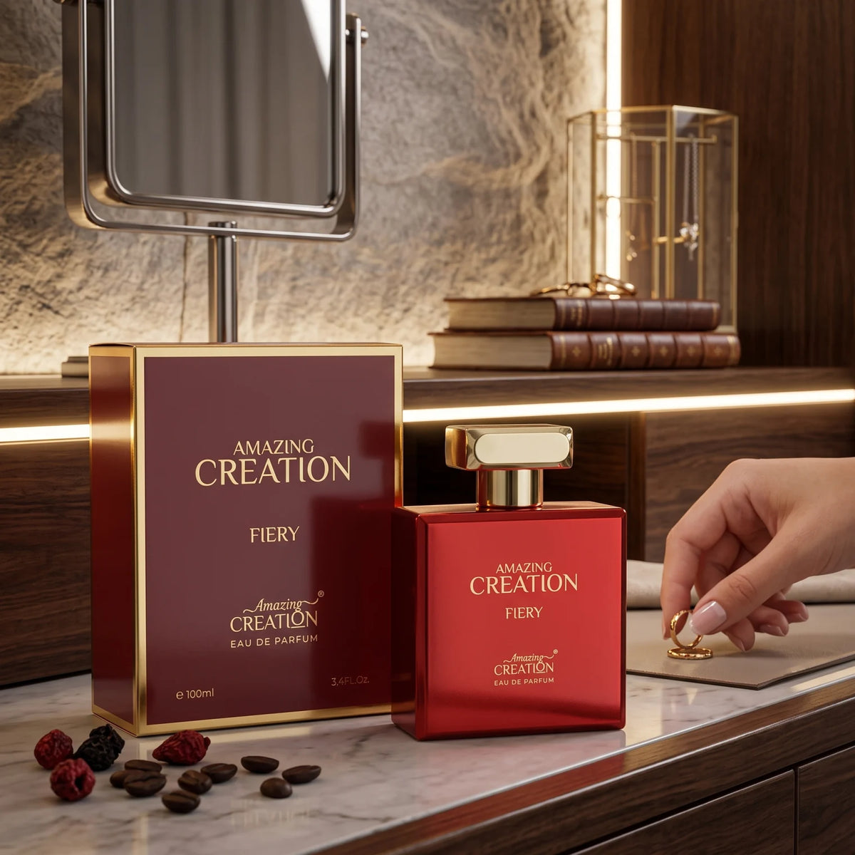 AMAZING CREATION FIERY Eau de Parfum 100ml – Rectangular Gold-Accented Fragrance Packaging