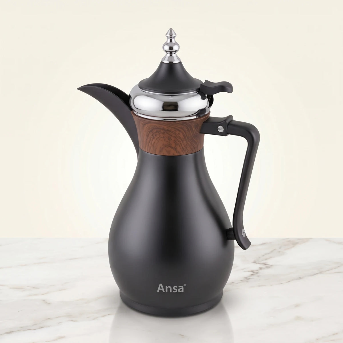 Ansa Traditional Arabic Stainless Steel Vacuum Flask – 0.35 or 0.6 Liters | Pink Glass Interior | Leak Proof Tea and Coffee Server - Matte Silver - Wood / 0.6 Liters - Image 2