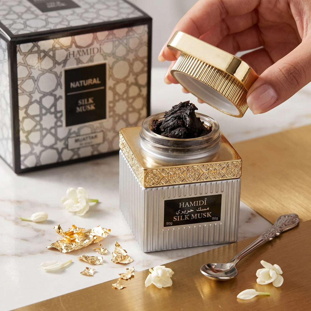 HAMIDI SILK MUSK Natural Muattar – 50 grams | Silk Musk Fragrance Perfume with Ornate Silver and Gold Packaging