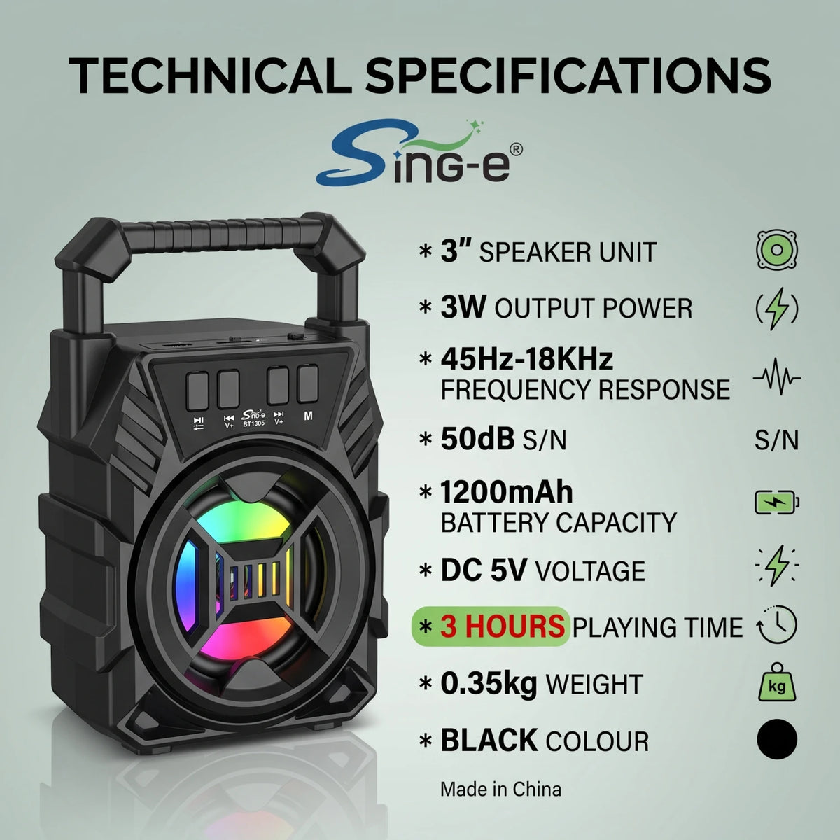Sing-e BT1305 Portable Audio Speaker – Black | 1200mAh Battery, 3 Hours, AUX, CARD & U Disk, Multicolor LED Lights