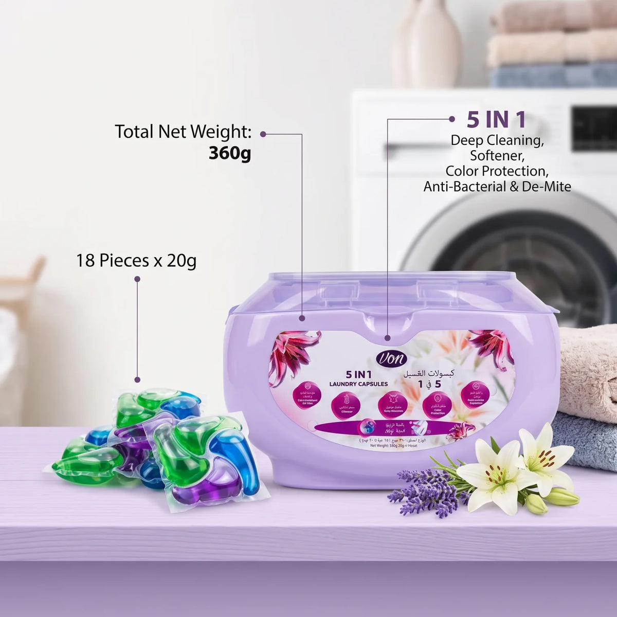 VON 5 IN 1 Laundry Capsules, Lily Scent, 18 Pieces x 20g (360g) | Deep Cleaning, Softener, Color Protection, Anti-Bacterial & De-Mite