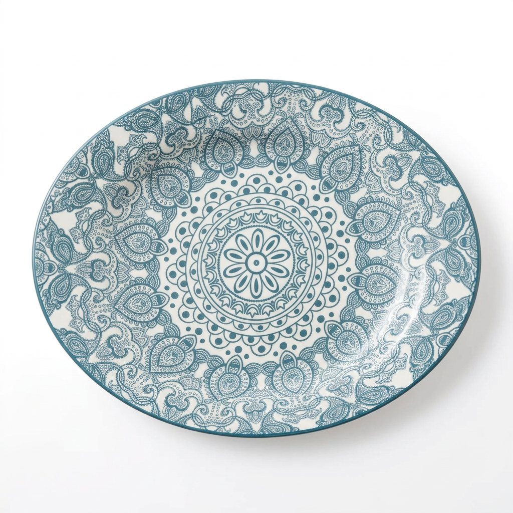 Che Brucia Oval porcelain plate – 30 CM or 35 CM | Green or Blue | Glossy Decorative Porcelain Serving Plate with Raised Rim and Ornamental Pattern
